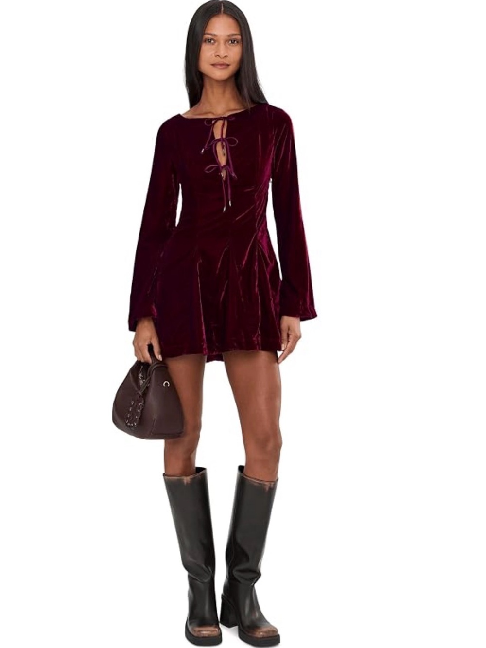 Free People Burgundy Linney Velvet Lace Up Mini Dress, 10